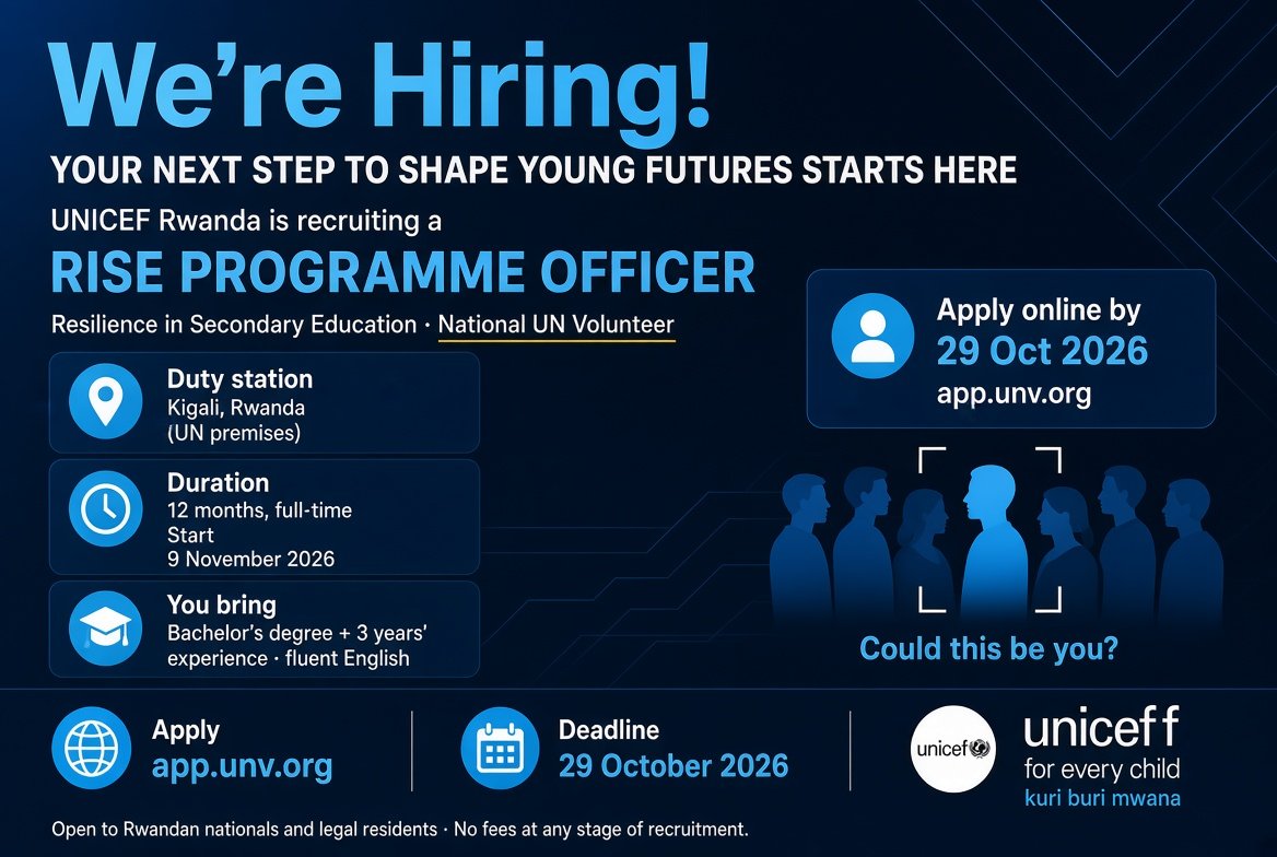 UNICEF Rwanda Is Hiring: RISE Programme Officer (National UN Volunteer), Kigali 2026