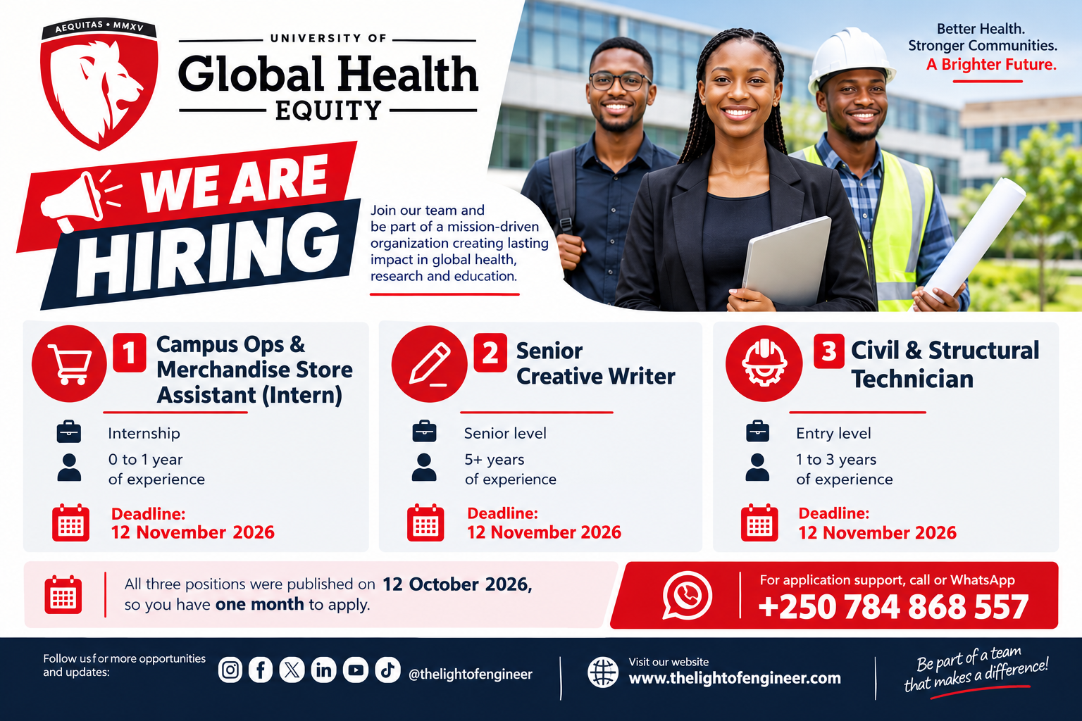 UGHE is hiring in Butaro: Merchandise Store Intern, Senior Creative Writer and Civil & Structural Technician. See requirements and apply by 12 Nov 2026.