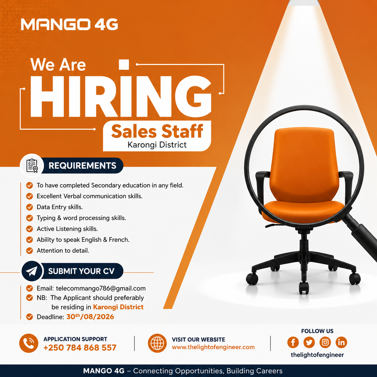 Mango 4G Hiring Sales Staff in Karongi District - Apply by Aug 30, 2026