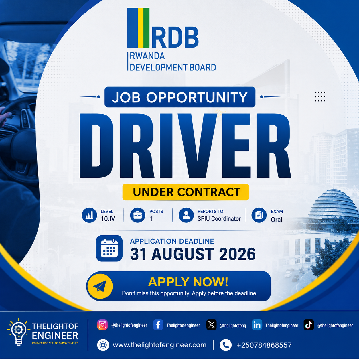 Rwanda Development Board (RDB) Driver Job 2026  Apply Before August 31