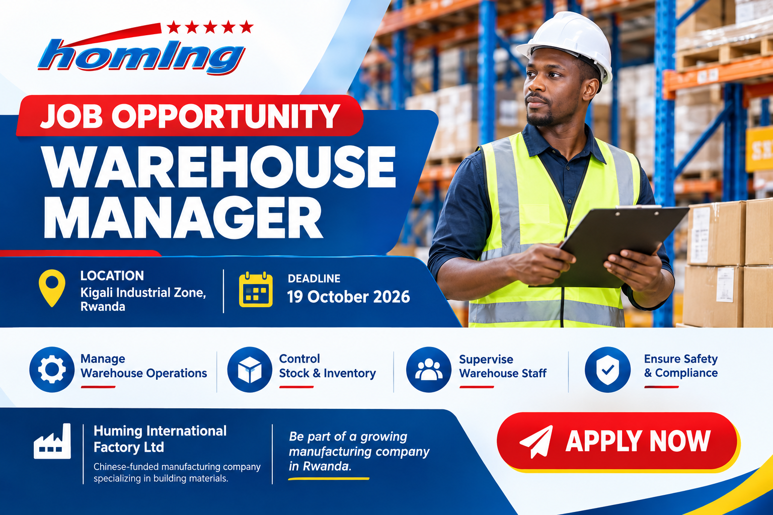 Warehouse Manager Job in Kigali, Rwanda, Huming International Factory Ltd