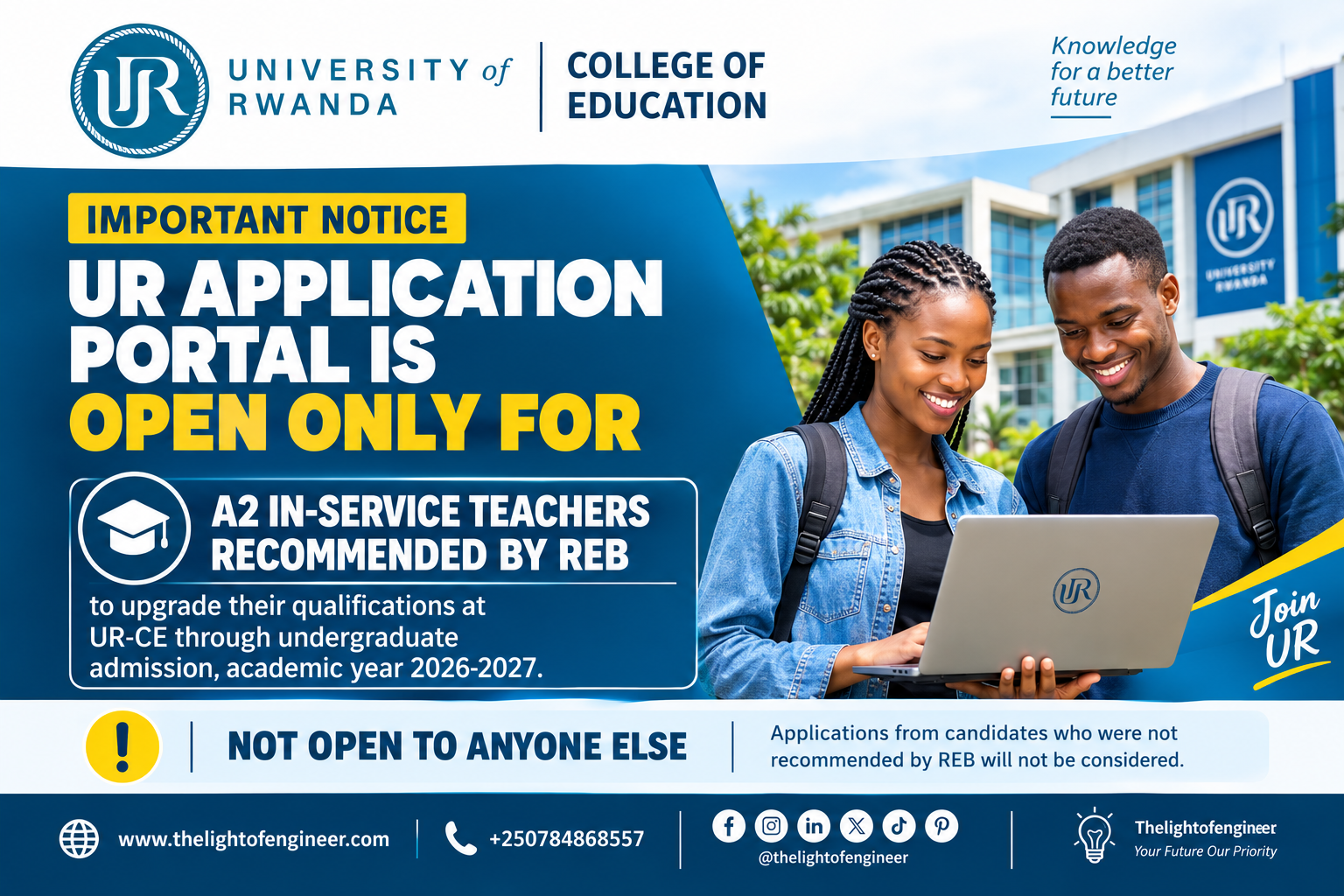 UR College of Education invites REB-recommended A2 in-service teachers to apply for undergraduate studies 2026-2027. Deadline: 21 October 2026.