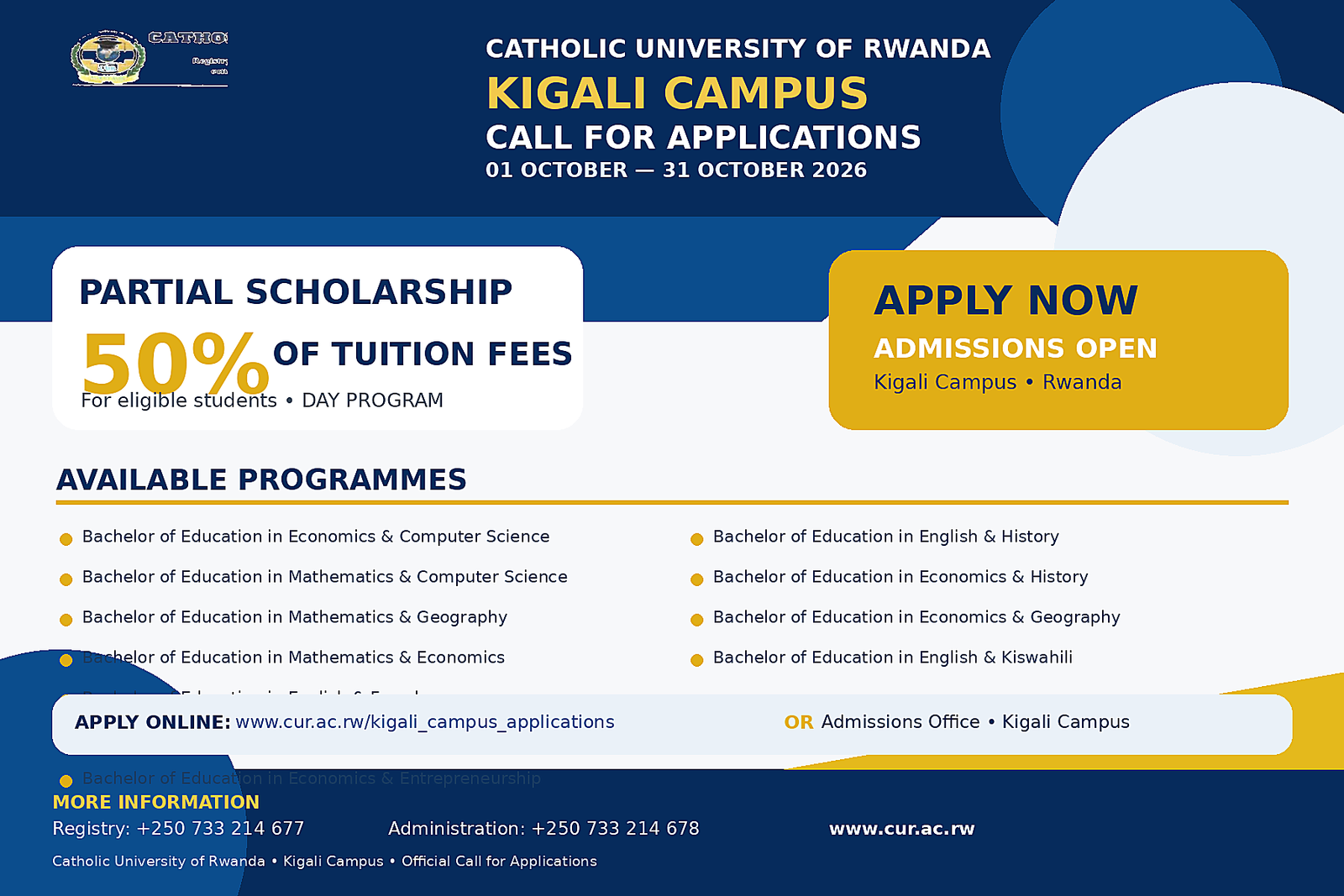 CALL FOR APPLICATIONS: PARTIAL SCHOLARSHIP (50% TUITION FEES)